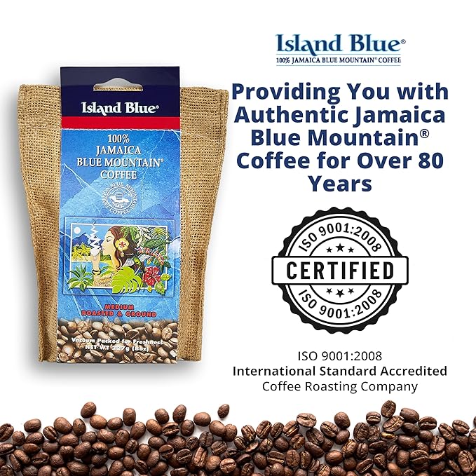 Island Blue 100% Jamaica Blue Mountain Fresh Roasted &amp Ground Coffee Medium Roast Gourmet Coffee Ground Vacuum Packed in a Burlap Bag 8 oz