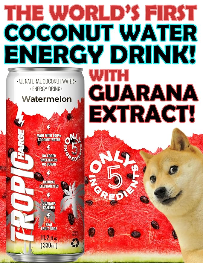 Tropicharge 100% Coconut Water Energy Drink with Guarana Extract (24 pack 330ml/6 flavours) - Zero Sweeteners or Added Sugar - All Natural - Passion Fruit Forest Apple Red Cherry Lemon Peach Wate