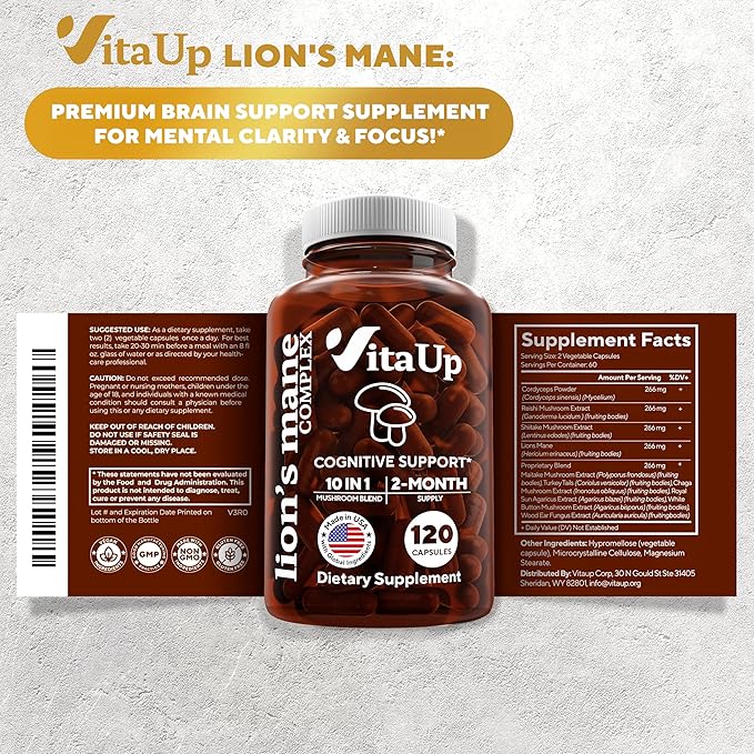 Lions Mane Supplement Capsules - USA Made 10 in 1 Mushroom Supplement - Mushroom Complex with Lions Mane Cordyceps Turkey Tail Reishi Shiitake for Cognitive &amp Immune Support - 120 Count