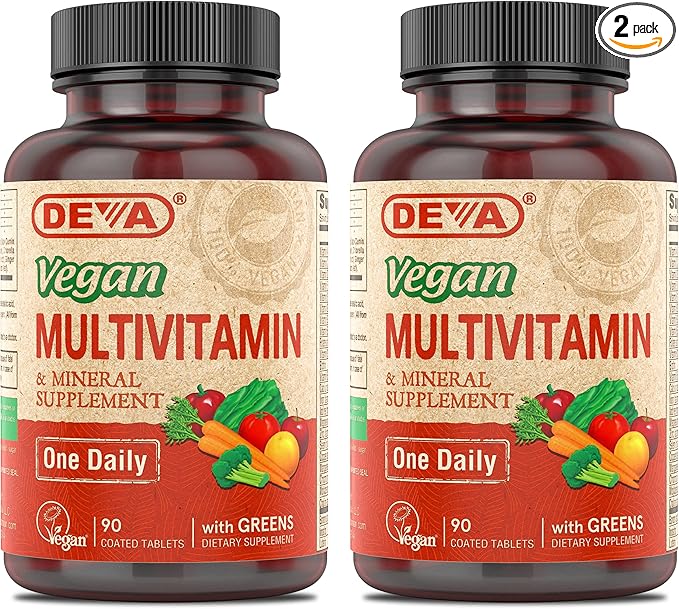 DEVA Vegan Multivitamin &amp Mineral Supplement with Iron 2-Pack Spirulina Chlorella Ashwagandha Broccoli &amp More 90 Coated Tablets Each