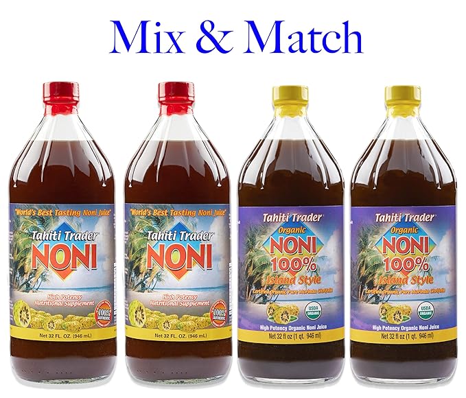TAHITI TRADER Mix &amp Match - Original High-Potency Noni &amp 100% Noni Island Style Juice - Organic Antioxidant Superfood Juice Supporting Energy &amp Body Health - (32oz 4 Pack)