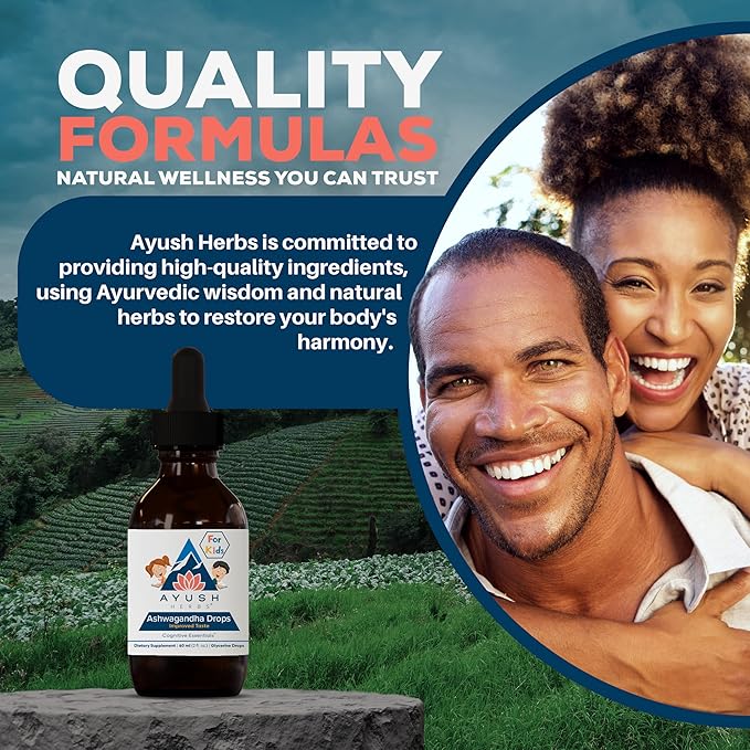 Ayush Herbs Ashwagandha Drops for Kids &amp Adults - Alcohol-Free Ashwagandha Drops Calming Daily Supplement for Calm Focus with Organic Ashwagandha Lemon Flavor - 2 Fl Oz (80 Servings)