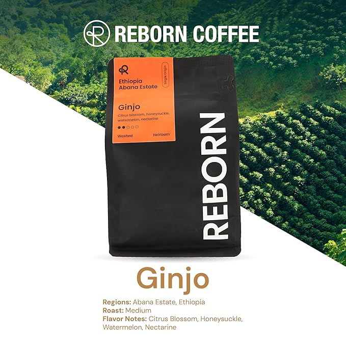 Reborn Coffee Specialty Whole Bean Coffee Light-Medium Roast 12 Ounce Ethiopia Abana Estate Ginjo Notes of Citrus Blossom Honeysuckle Watermelon and Nectarine
