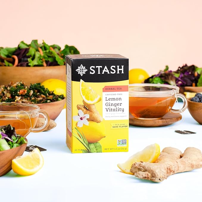 Stash Tea Lemon Ginger Vitality Herbal Tea - Naturally Caffeine Free Non-GMO Project Verified Premium Tea with No Artificial Ingredients 20 Count (Pack of 6) - 120 Bags Total