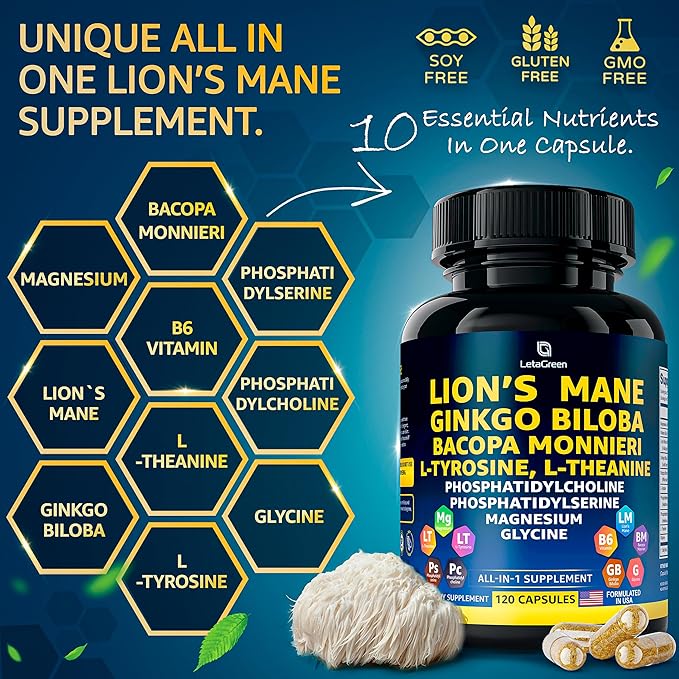 Organic Lions Mane Supplement Capsules - 120 Real Mushrooms Lion's Mane Capsules with Ginkgo Biloba Herb Bacopa Monnieri L Theanine L Tyrosine - Mushroom Complex for Daily Wellness
