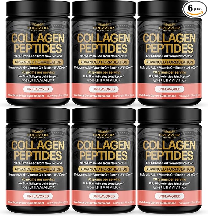 FREZZOR Collagen Peptides Powder Fine Lines &amp Wrinkles Hair &amp Nails Supports Youthful Flexibility &amp Mobility 100% New Zealand Hydrolyzed Beef Bone Collagen Unflavored 47.4 Ounces-6 J