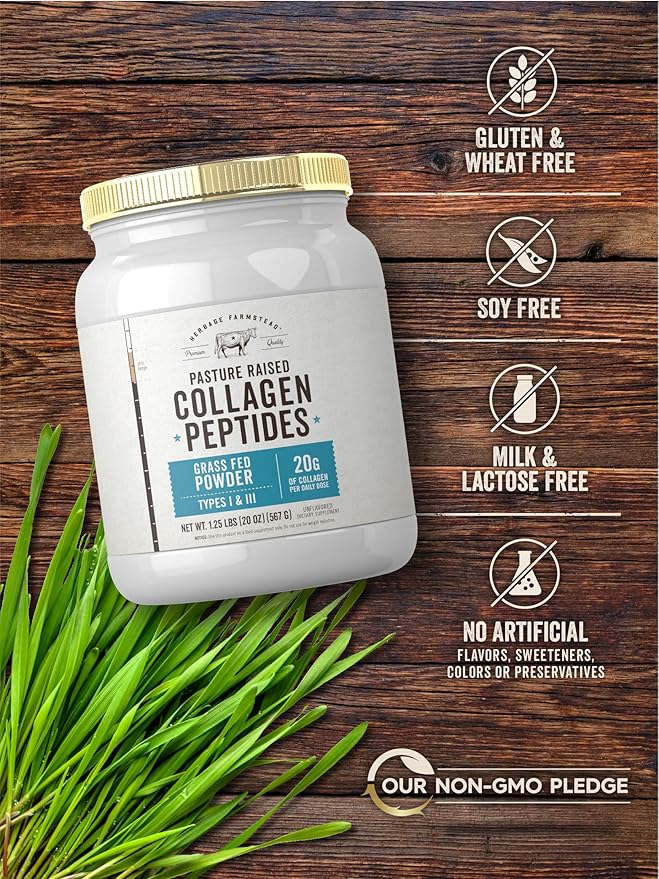 Carlyle Grass Fed Collagen Peptides Powder 20oz | Unflavored | Pasture Raised | Types I &amp III | 20g of Collagen Per Daily Dose | Non-GMO Gluten Free | by Herbage Farmstead
