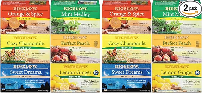 Bigelow Tea Caffeine Free 6 Flavor Herbal TeaVariety Pack DecafTea with Mint Medley Cozy Chamomile Orange and Spice Sweet Dreams Perfect Peach and Lemon Ginger 118 Count (Pack of 12)