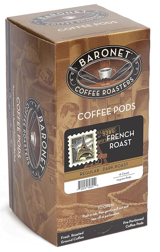 Baronet Coffee French Roast Coffee Pods Bag - Regular Dark Roast - 3 Boxes of 16 Single Serve Pods - 48 Count 12 Grams - Individually Wrapped for Freshness - Rich Traditional Flavor