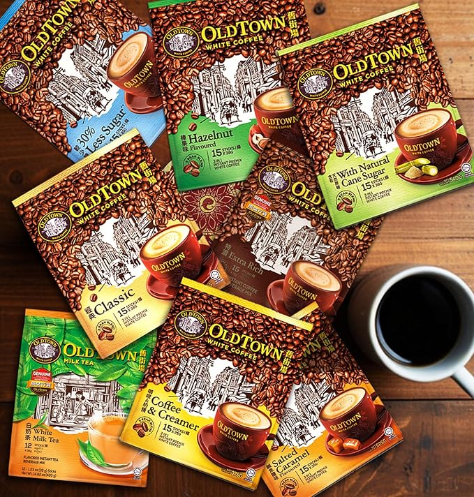 5-Pack OLDTOWN (Salted Caramel) White Coffee 3 in 1 Asian Instant Coffee Package with a Cork Coaster old town White Coffee 75 Packets with a Random Flavor Sample Packet