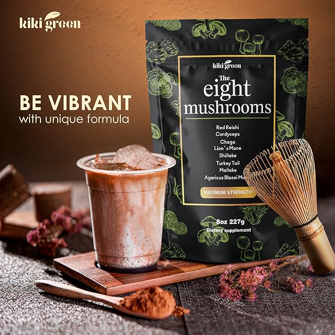 KIKI Green 8 Mushrooms Powder Extract - Supplement Blend 8 oz - Lion's Mane Reishi Chaga Cordyceps Maitake Shiitake - for Focus and Energy - Add to Coffee and Smoothies