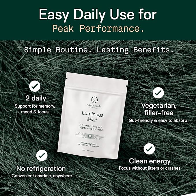 Adapt Naturals Luminous Mind Nootropic Brain Supplement with Ginkgo Biloba Bacopa and Lions Mane | Memory Focus Mental Clarity and Elevated Mood Support | No Caffeine Crash Free - 30 Days Supply