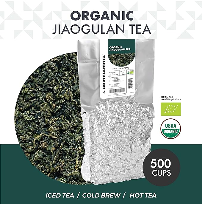 Organic Gynostemma Tea - Jiaogulan Tea 17.63 OZ (400+ cups) – Certified USDA &amp EU Organic – Loose Leaf - Caffeine Free - Directly from Thailand Local farmer - Eternal life Herb - Northlandtea