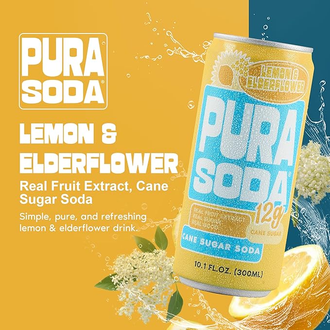 PuraSoda® Lemon &amp Elderflower | 65 Calories &amp 12g Pure Cane Sugar per Can | Non-GMO Vegan | Made with Pure Cane Sugar Clean &amp Refreshing | 10 fl oz (300ml) Cans Pack of 24