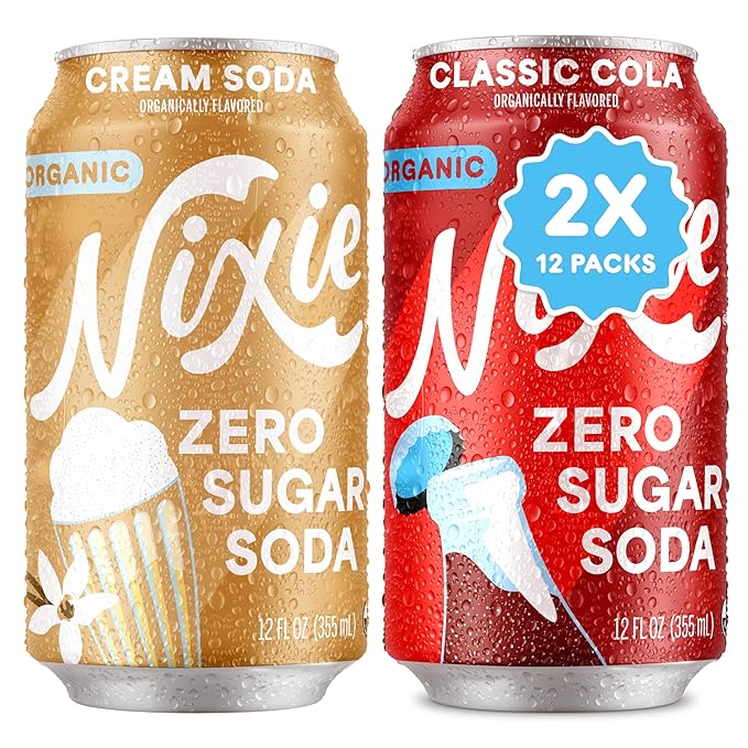 Nixie Organic Zero Sugar Soda Cream Soda &amp Classic Cola 0 Sugar 0 Calories Healthy Soda Pop Non-GMO 12oz Cans (24 Pack)