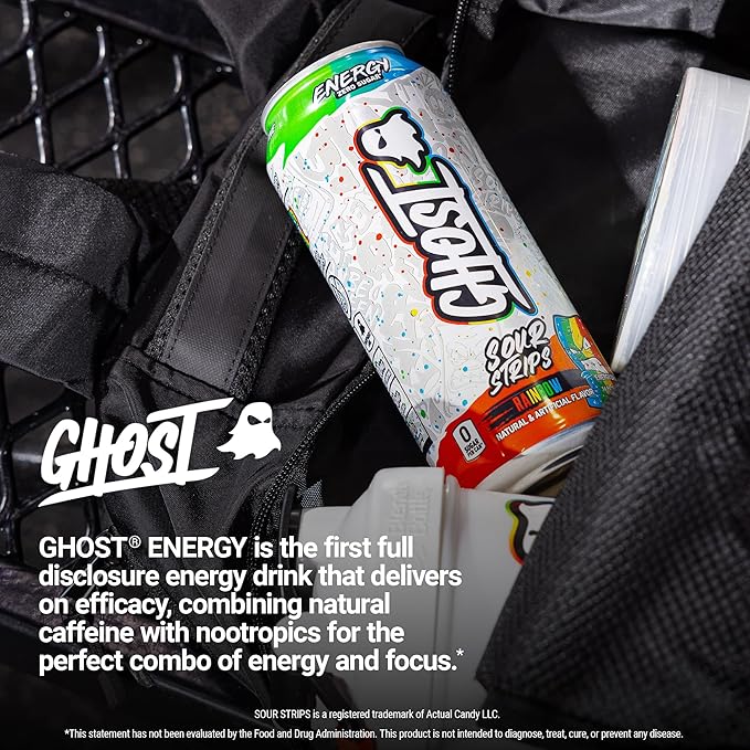 GHOST Energy Drink - 12-Pack Sour Strips Rainbow 16oz Cans - Energy &amp Focus &amp No Artificial Colors - 200mg of Natural Caffeine L-Carnitine &amp Taurine - Gluten-Free &amp Vegan