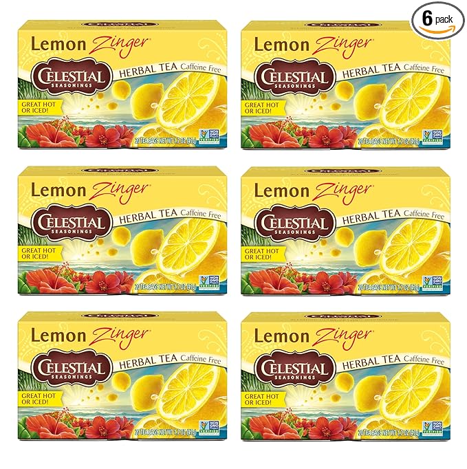 Celestial Seasonings Lemon Zinger Herbal Tea Caffeine Free 20 Tea Bags Box 6-Pack