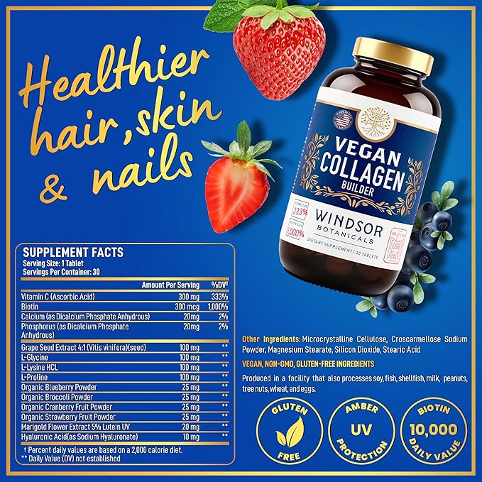 Vegan Collagen for Women and Men Supplements - Vitamin C Biotin Amino Acids Glycine Lysine Proline Organic Fruit &amp Vegetable Powder - Once A Day - 30 Plant Based Collagen Boost Tablets