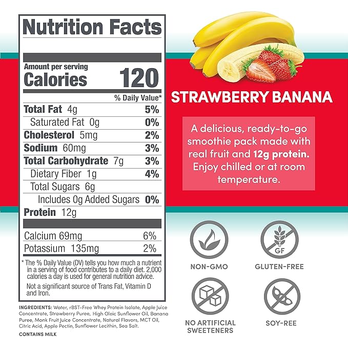 Designer Wellness Protein Smoothie Real Fruit 12g Protein Low Carb Zero Added Sugar Gluten-Free Non-GMO No Artificial Colors or Flavors Strawberry Banana 24 Count