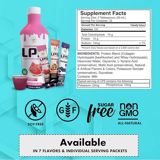 Nutritional Designs LPS Liquid Collagen &amp Whey Protein Supplement - Non-GMO Drink Sugar-Free - Promotes Healthy Skin &amp Hair for Men &amp Women Watermelon Single Serve (25 Packets)