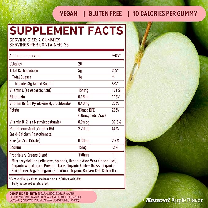 8Greens Supergreens Gummies | Super Greens Powder Superfood Gummy for Metabolism Immunity &amp Focus Digestive Health Enzymes Organic: Chlorella Spirulina Aloe Vera Apple Flavor 50 Count