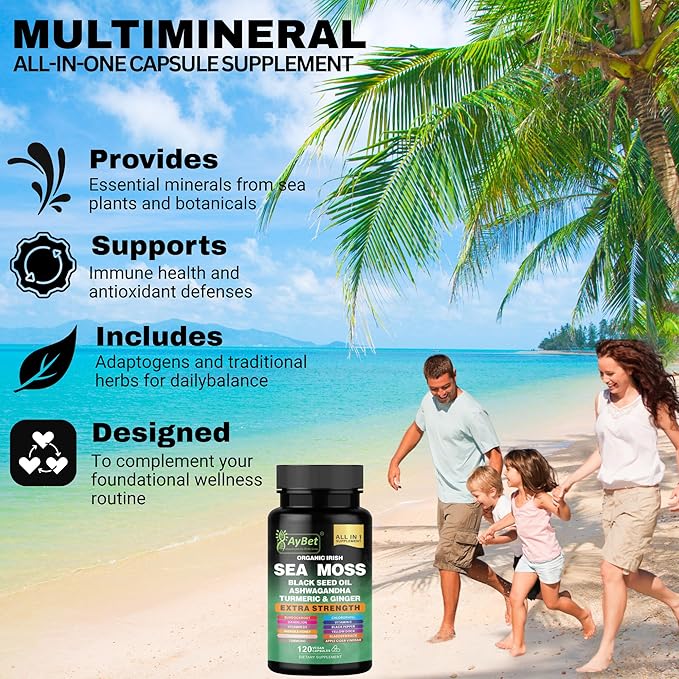 Organic Irish Sea Moss Capsules 120 Count –16 in 1 Sea Moss Supplement with Black Seed Oil Ashwagandha Turmeric &amp Ginger Bladderwrack &amp Burdock Root Vitamin D3 –Organic Vegan Halal Non-