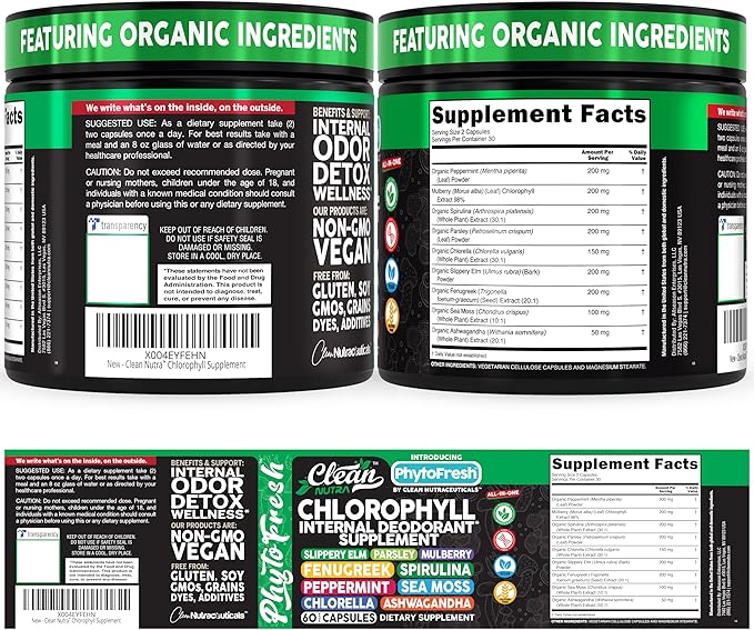 Clean Nutra Chlorophyll Capsules Supplement Internal Deodorant Peppermint Sea Moss Parsley Chlorella Spirulina Slippery Elm Ashwagandha PhytoFresh Greens Detox Pills