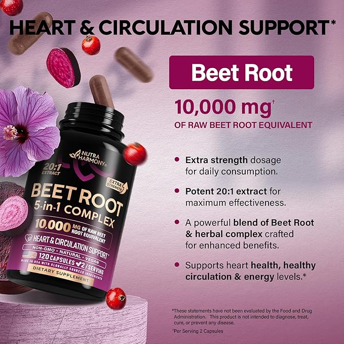 Beet Root 5-in-1 Complex Capsules - Healthy Blood Pressure Support Supplement** for Heart &amp Circulation Support - Olive Leaf Hawthorn Berry &amp Hibiscus - for Men &amp Women - Made in USA 120
