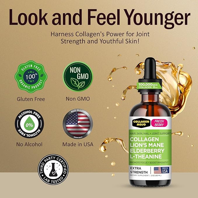 Collagen Mojo - Liquid Collagen for Women &amp Men Collagen Peptides with Lion's Mane Mushroom Elderberry &amp L-Theanine - Hair Skin Nails Joint Support Focus High Absorption - 100000mcg 2