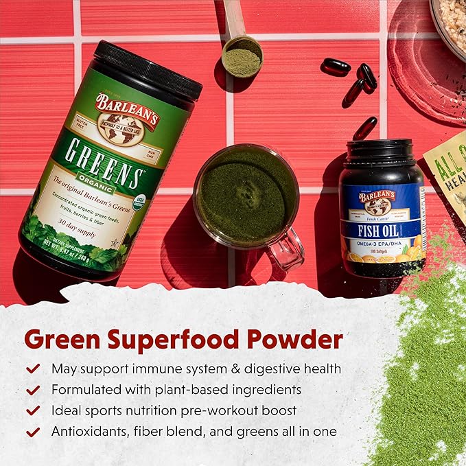 Barlean's Organic Greens Powder Daily Fruit and Vegetable Superfood Supplement with Green Food Protein Probiotic Blend and Fiber Drink Mix 8.47 oz