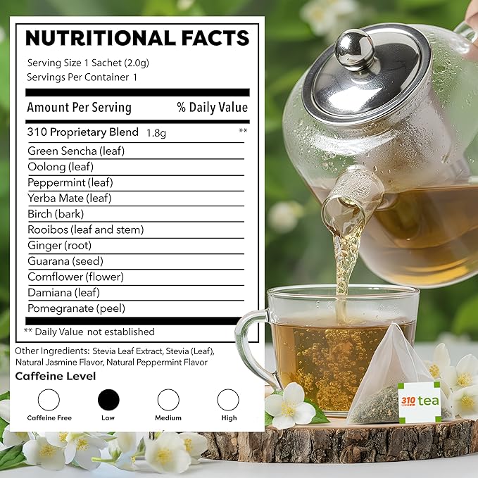 310 Nutrition Jasmine Mint Tea – Herbal Tea with Yerba Mate Oolong Green Tea Blend Peppermint Leaf Rooibos Guarana &amp Ginger – Sugar-Free Flavored Jasmine Tea Bags – Smooth Mint Green Tea – 28