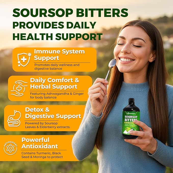 Soursop Bitters Liquid – Herbal Detox Formula with Soursop Turmeric Moringa &amp Black Seed by NutraPeaks – Supports Immune Health &amp Digestive Balance – 16 fl oz