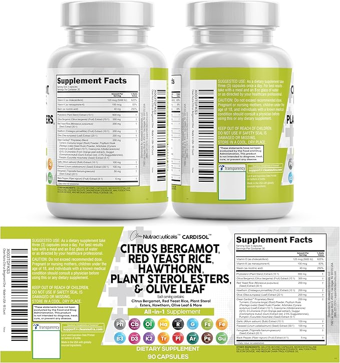 Clean Nutraceuticals Citrus Bergamot Red Yeast Rice Capsules with Plant Sterols - with Hawthorn Extract Olive Leaf Niacin Vitamin K3 D3 COQ10 Guggul &amp More (Pack of 2)