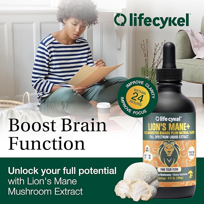 Lifecykel Lion's Mane Mushroom Extract w/Kakadu Plum- Memory Focus Clarity REM Sleep-100% Organic Mushrooms Brain Booster Nootropic Brain Supplement Focus Supplement Made in US 2 Fl oz (30 Servings)