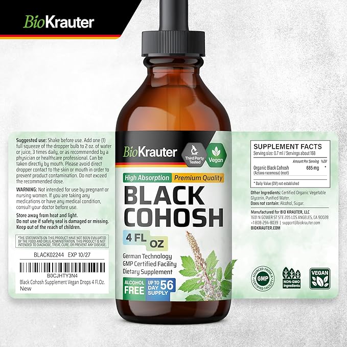BIO KRAUTER® Perimenopause &amp Menopause Supplements for Women* - Pure Vegan Black Cohosh for Mood Support &amp Women's Wellness - Black Cohosh Supplements 4 Fl.Oz 56-Day Supply Alcohol &amp Suga