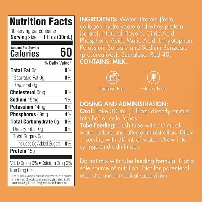 Liquid Collagen Peptides Type I III 15 Grams Protein per Oz. |Prosource NoCarb Berry Punch Bottle Medtrition|