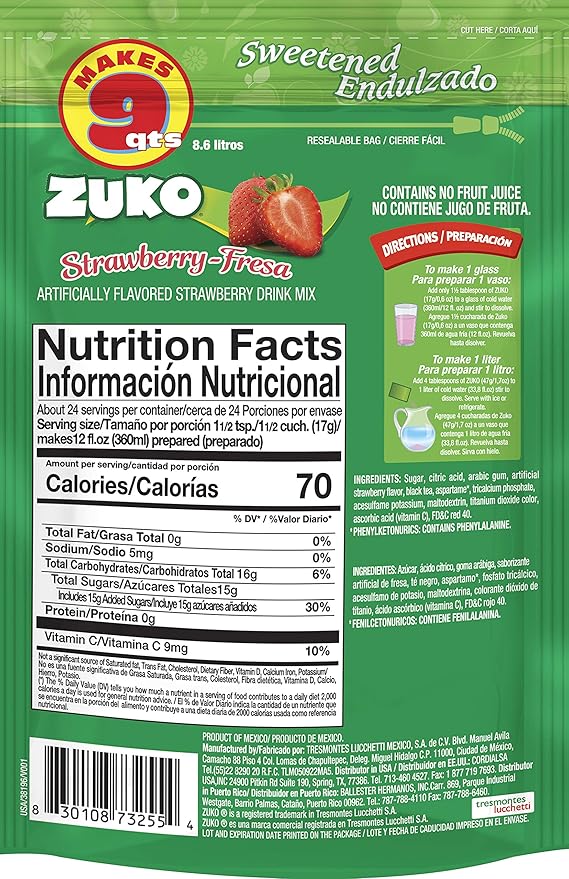 Zuko Strawberry Instant Powder Drink Family Pack 14.1 oz Pack of 6
