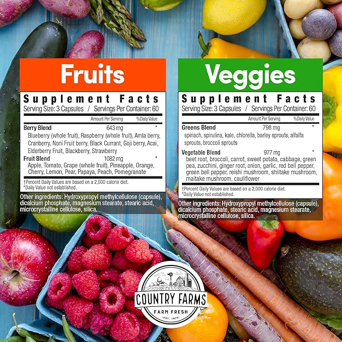 Country Farms Fruits and Vegetables Supplement 180 Fruit and 180 Veggie Capsules Greens and Reds Packed with Superfoods Powerful Antioxidants 60 Servings