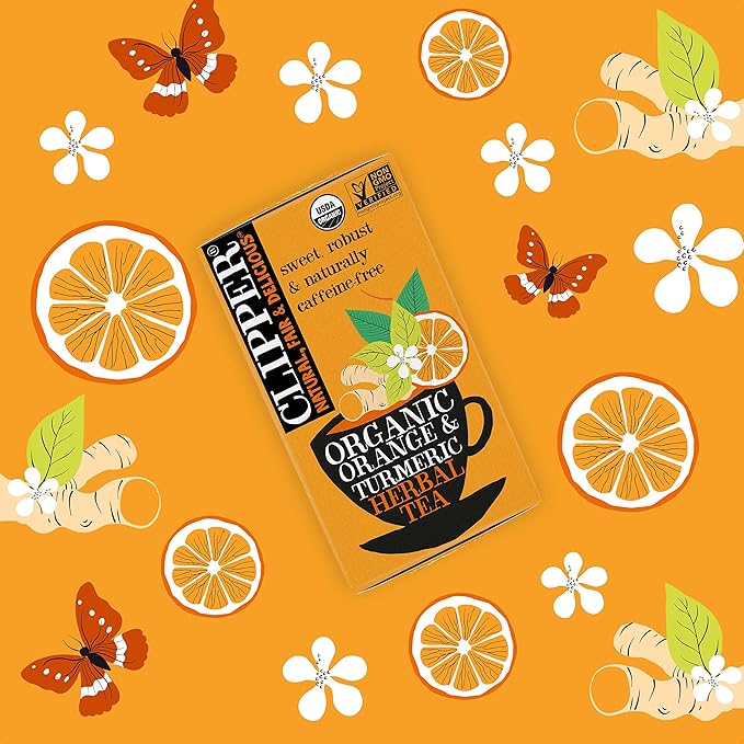 Clipper Tea Orange &amp Turmeric Organic Tea with Licorice Root Orange Peel and Hibiscus Plant Based Herbal Tea Caffeine Free British Tea 3 Pack 60 Unbleached Tea Bags