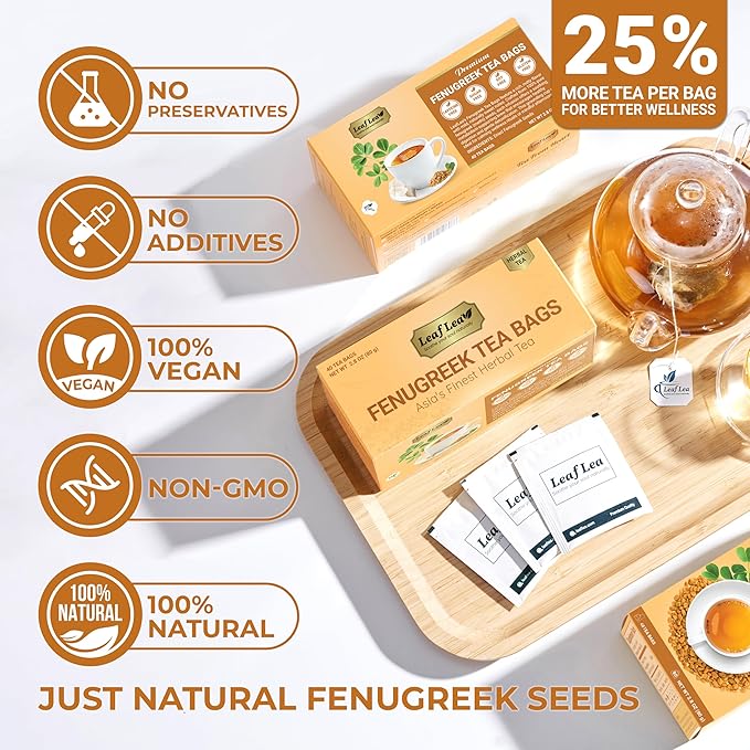 LeafLea 80 Premium Fenugreek Tea Bags Natural Fenugreek Seed for Toasty Flavor &amp Sweet Aroma Fenogreco Tea with Gentle Warmth Caffeine-Free Sugar-Free Vegan Individually Wrapped for Freshnes