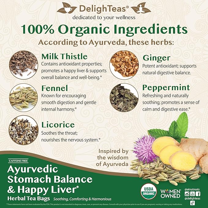 DelighTeas Ayurvedic Herbal Stomach &amp Liver Tea Bags | Eco-Friendly Compostable Pyramids | Organic Milk Thistle Fennel Ginger Peppermint &amp Licorice | Caffeine-Free Kosher | 30 Tea Bags 4g