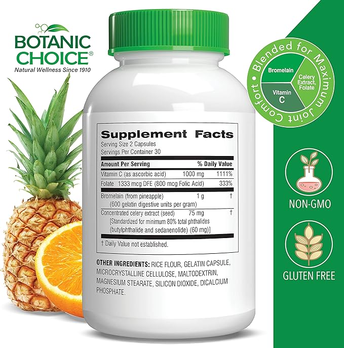 Botanic Choice Uric Acid Complex Supplement - Foot Joint Support-Help Soothe Discomfort with Celery Seed &amp Bromelain -Gluten Free Non-GMO 60 Caps