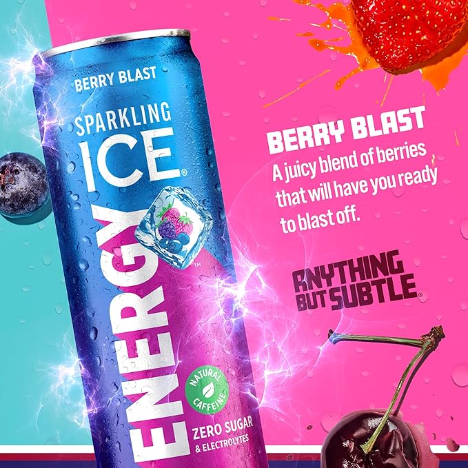 Sparkling Ice Energy Berry Blast 12Pk. Energy Drinks with Vitamins + Antioxidants Zero Sugar. 12 fl oz cans.