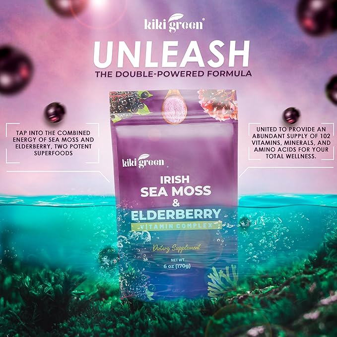 KIKI Green Sea Moss Powder with Elderberry - Vegan Superfood Multivitamin Blend - for Immune Boost and Support - Add to Smoothies Juice 6 oz