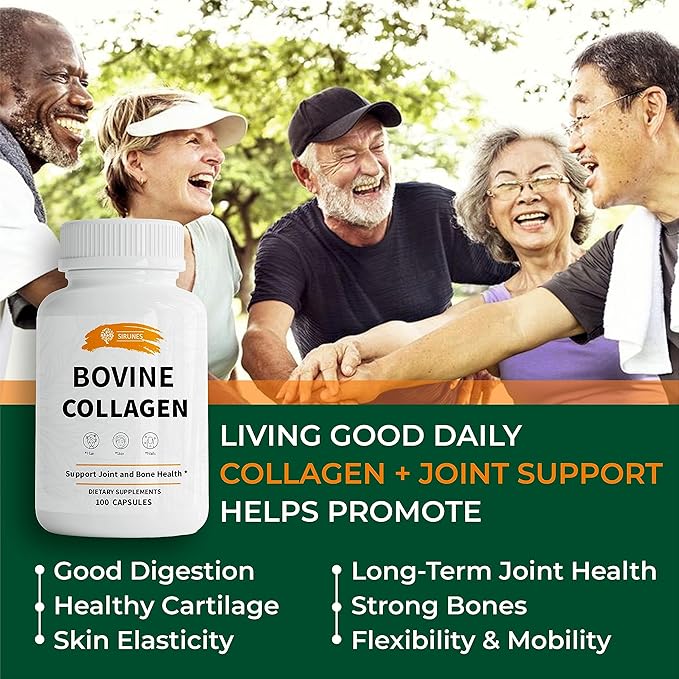SIRUNES Bovine Collagen Supplements for Men and Women I Hydrolyzed Grass Fed Bovine Collagen Peptides Dietary Supplement for Joint Nerve &amp Bone Support - Non-GMO Anti-Aging - 100 Capsules