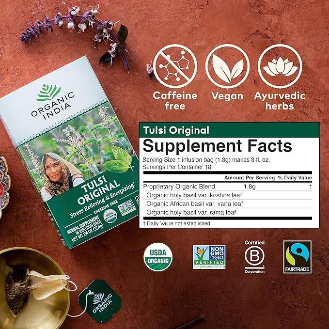 ORGANIC INDIA Tulsi Original Herbal Tea - Holy Basil and African Basil Calming and Stress Relief Tea Immune Support USDA Certified Organic Non-GMO Caffeine-Free - 18 Infusion Bags 6 Pack
