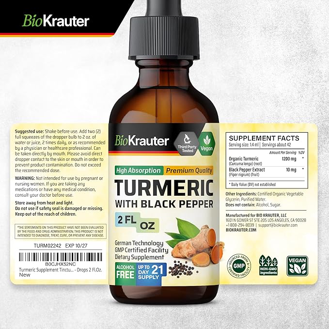 BIO KRAUTER® Turmeric Supplement for Joint Support - Pure Vegan Curcumin with Black Pepper 2 Fl.Oz 28 Days of Supply - Curcumin Drops 1200 mg for Antioxidant &amp Immune Support - Alcohol &amp Sugar
