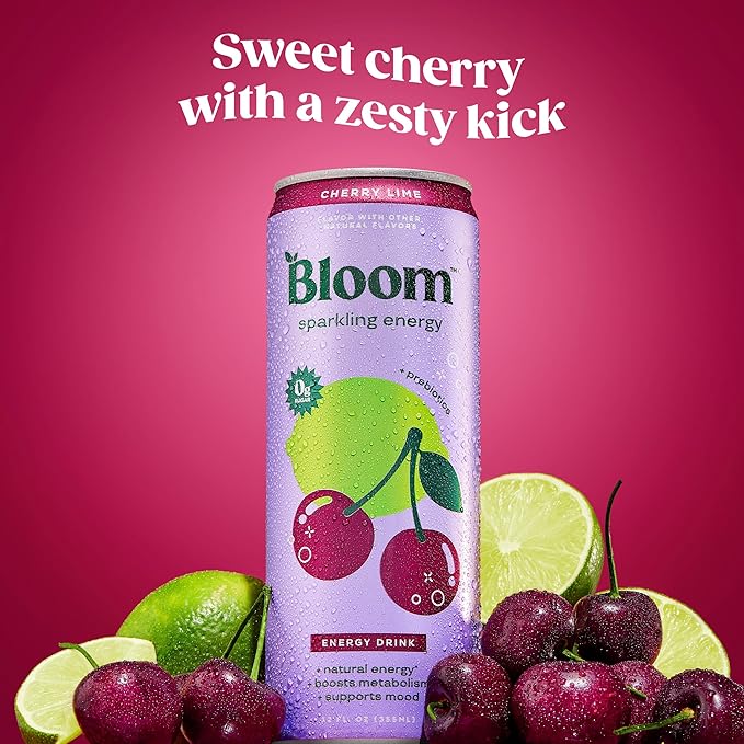 Bloom Nutrition Sparkling Energy Drink for Focus Natural Caffeine Zero Sugar 180mg Caffeine Antioxidant-Rich with Green Coffee Bean Green Tea Extract &amp Prebiotics Cherry Lime 12oz 24 Pack