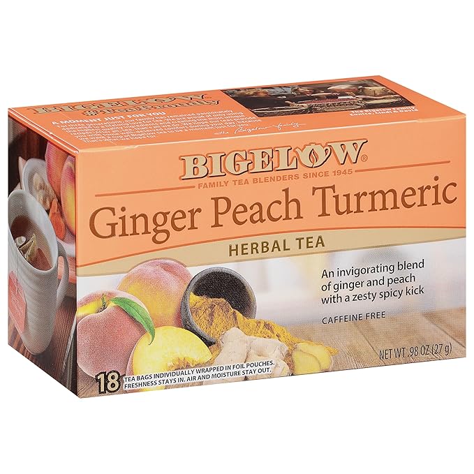 Bigelow Tea Ginger Peach Turmeric Herbal Tea Caffeine Free Tea with Ginger and Peach 18 Count Box (Pack of 6) 108 Total Tea Bags