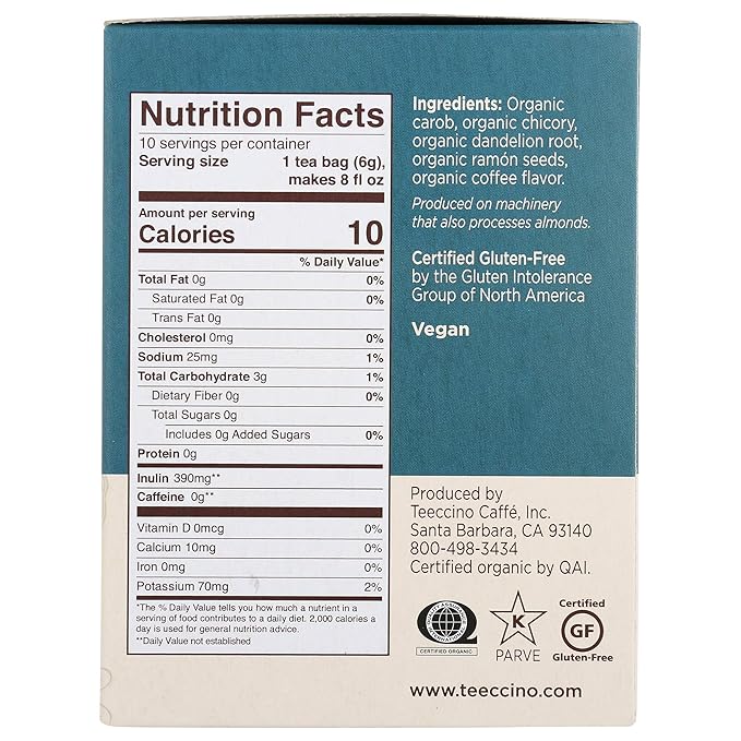 Teeccino Dandelion Dark Roast and Dandelion Caramel Nut Tea Variety Pack - Caffeine-Free Roasted Herbal Tea with Prebiotics Gluten Free - 10 Tea Bags (Pack of 4)